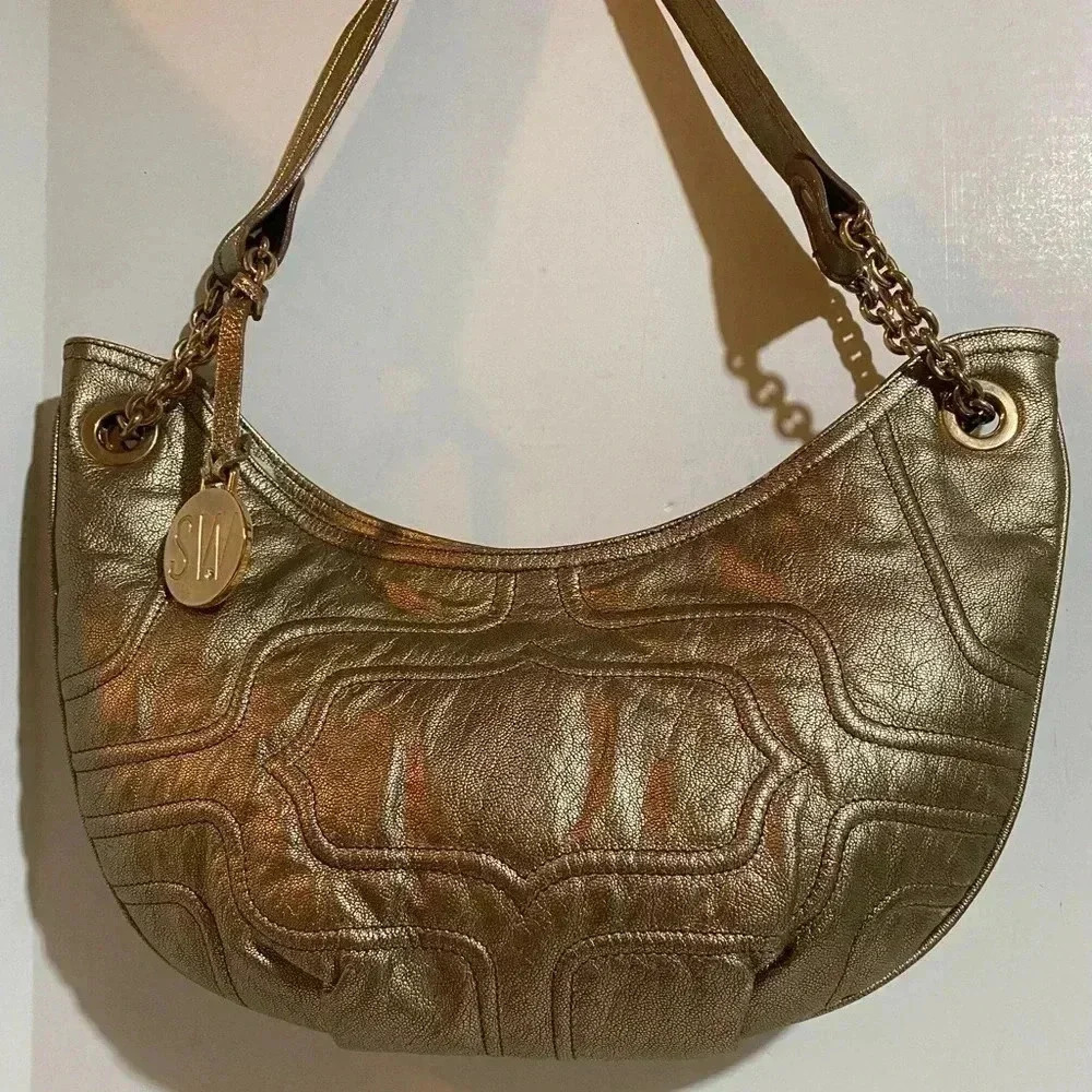 Stuart weitzman gold quilted metallic leather shoulder handbag